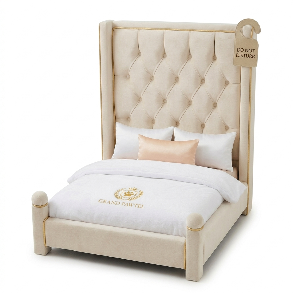 Grand Pawtel hotel dog bed in Cream, side on