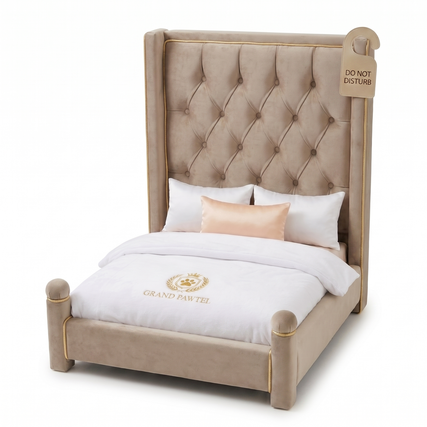 Grand Pawtel hotel dog bed in Taupe, side on