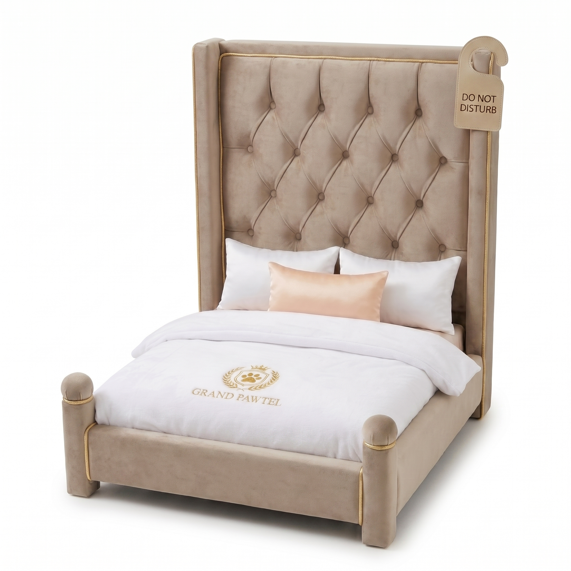 Grand Pawtel hotel dog bed in Taupe, side on