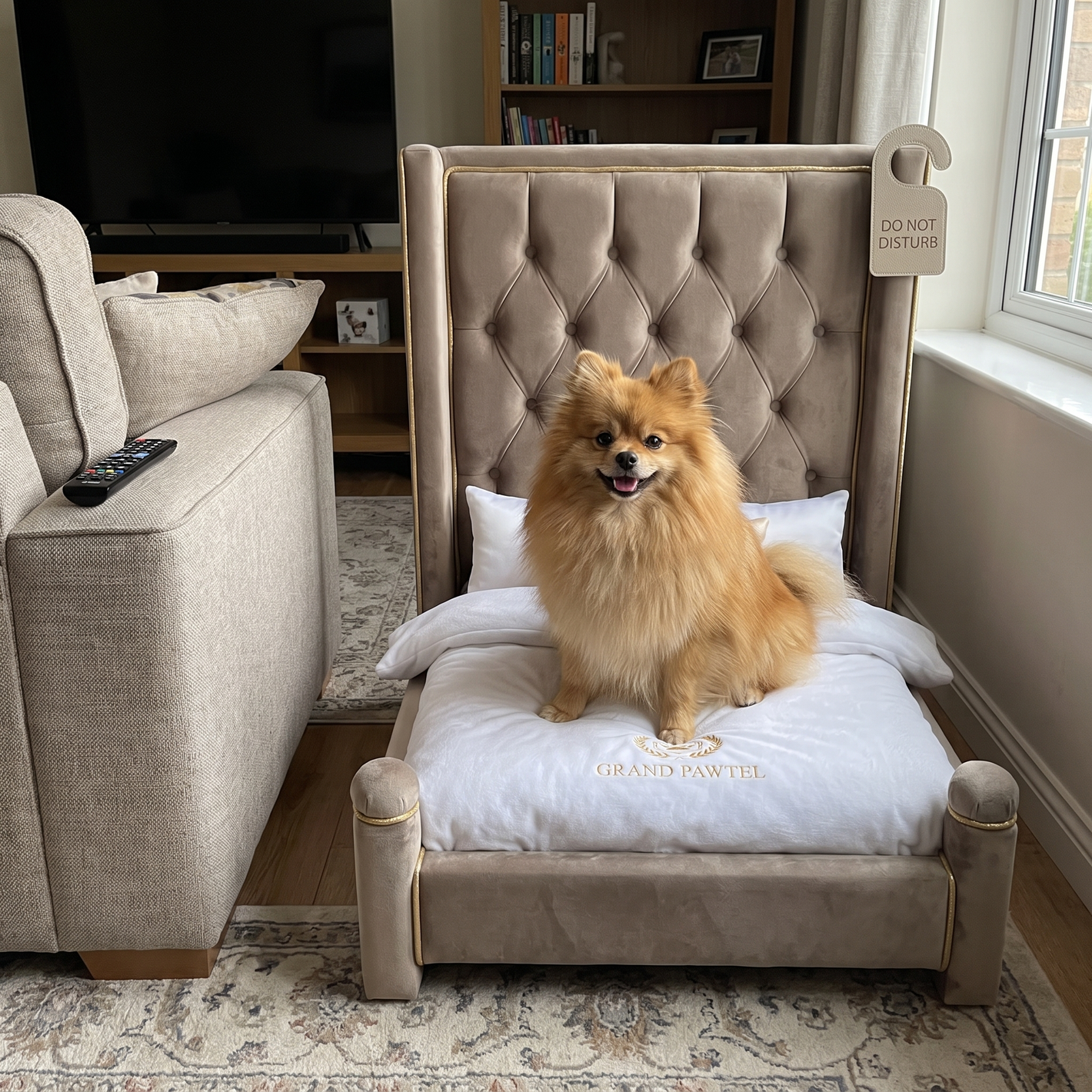 Customer photo, Pomeranian sitting in the taupe bed