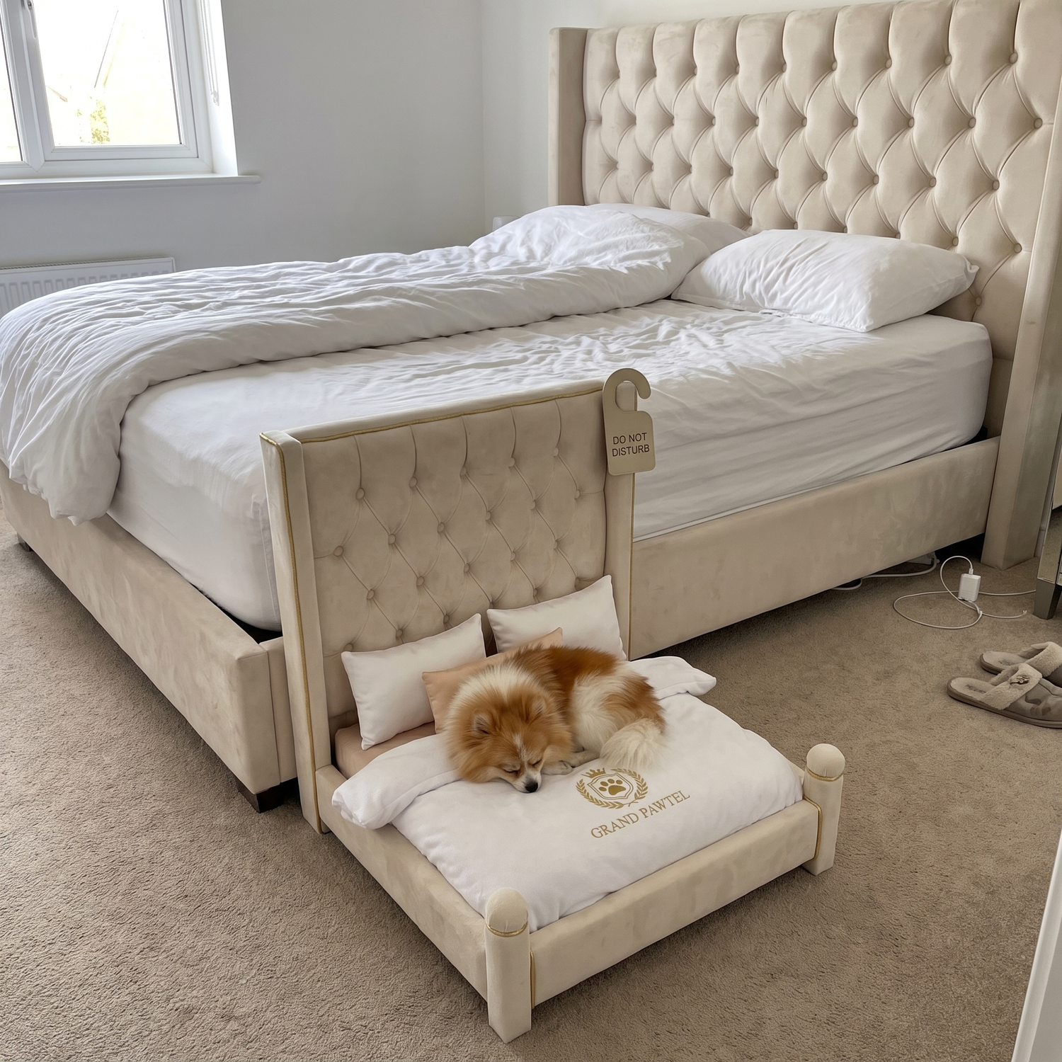 Customer photo, the dog bed beside the owner's bed